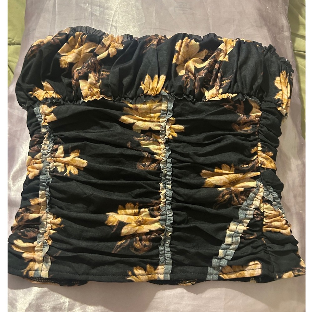 Free People Tropic Night Tube Top Black Yellow Floral Ruched Smocked Small NEW